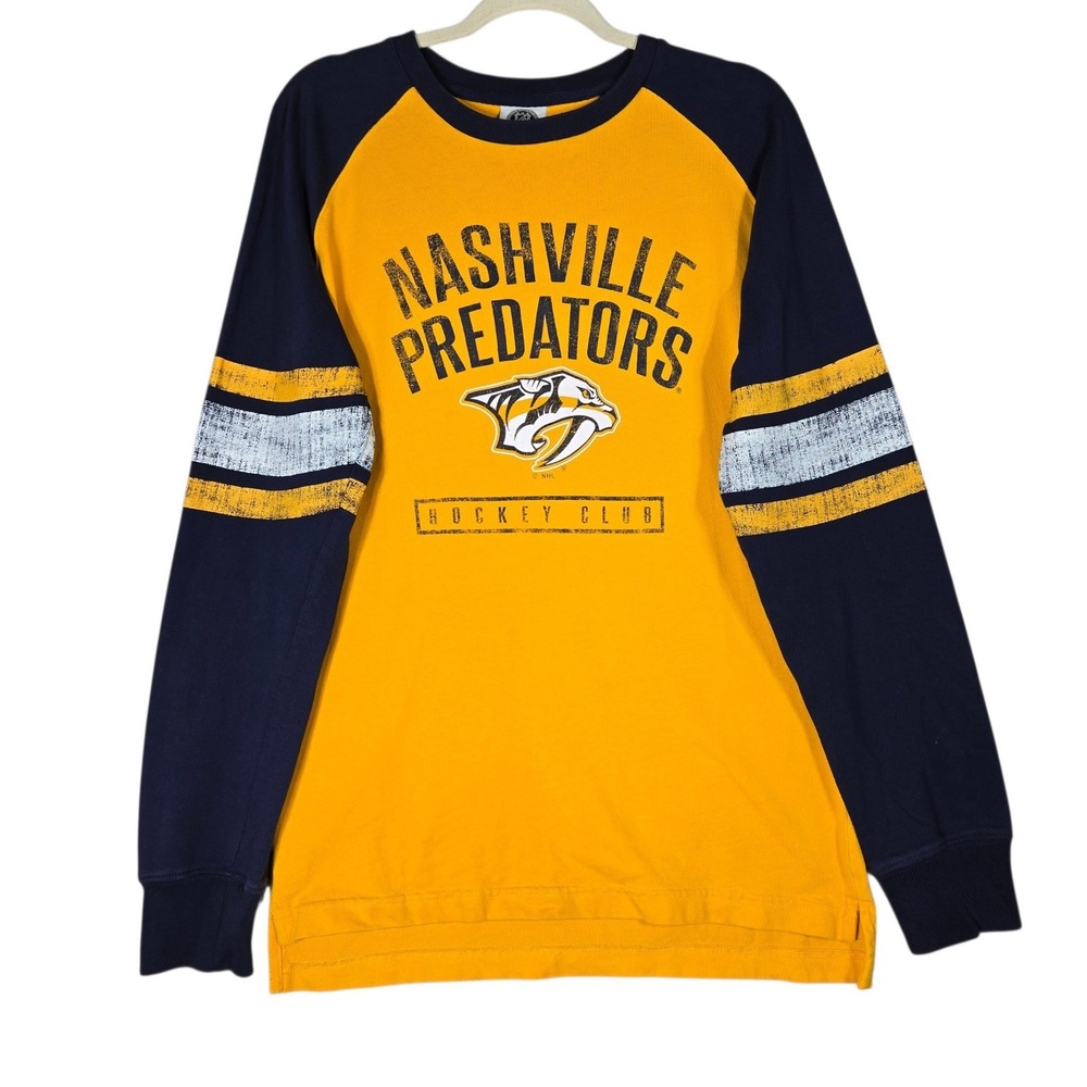 NHL Nashville Predators Shirt Mens Medium Gold Navy Raglan Long Sleeve Hockey